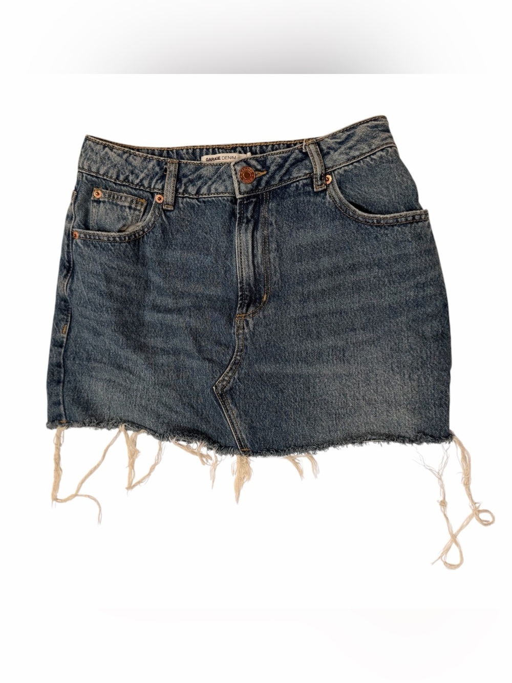 Garage Denim Mini Skirt Blue Frayed Hem Button Pockets High Rise Size XS - Picture 1 of 5